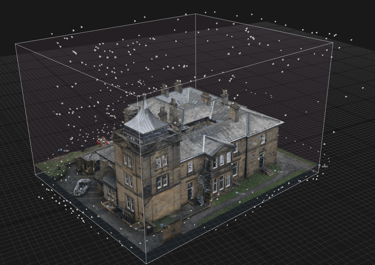 3D model of Ryelands House with drone camera positions shown in 3D space.
