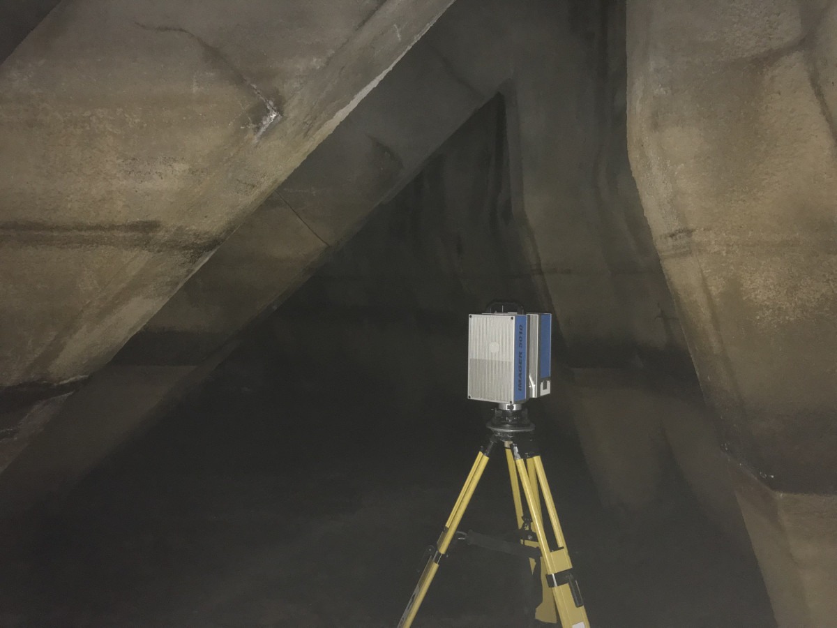 3D scanner inside the water tanks beneath the terraces of Grange-over-Sands Lido.