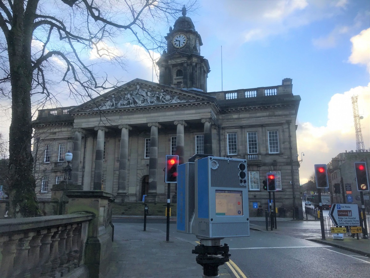 3D scanner on the pavement in front of Lancaster town hall