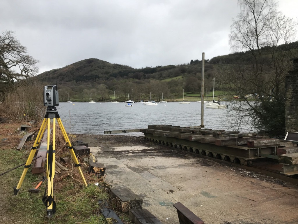 Trimble S8 total station overlooking a slipway at Lakeside Windermere