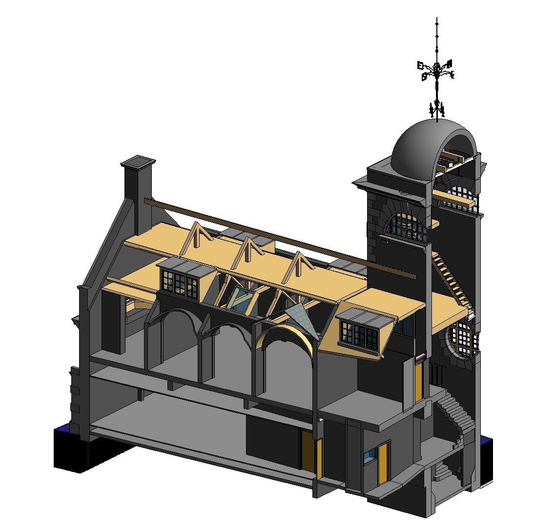 3D cut away sectional view of the old fire station in Lancaster