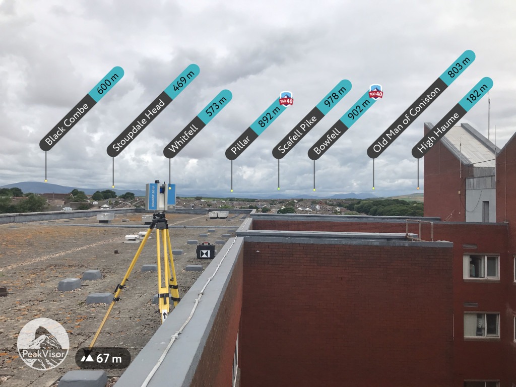 3D Scanner on flat roof with Lakeland peaks marked with names and height in the distance.