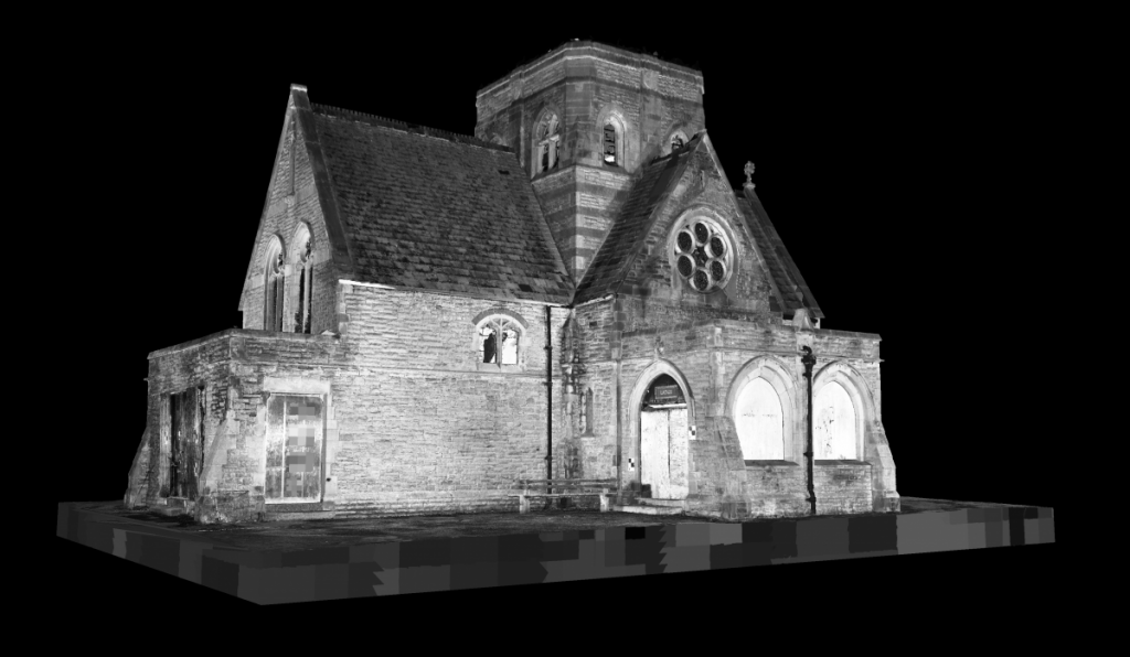 Greyscale 3D model of an old chapel in silhouette.