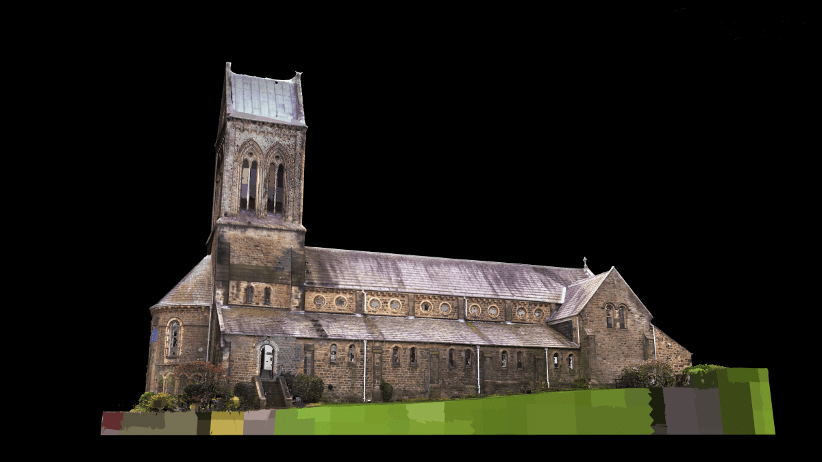 3D model shown in elevation of a historic stone church in black silhouette
