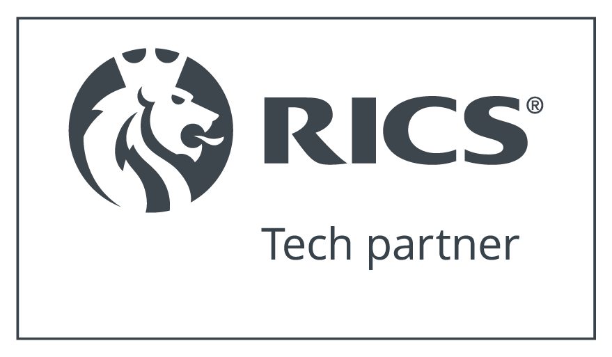 Lion circular logo with the initials RICS and the words Tech Partner beneath. Dark Blue on white.