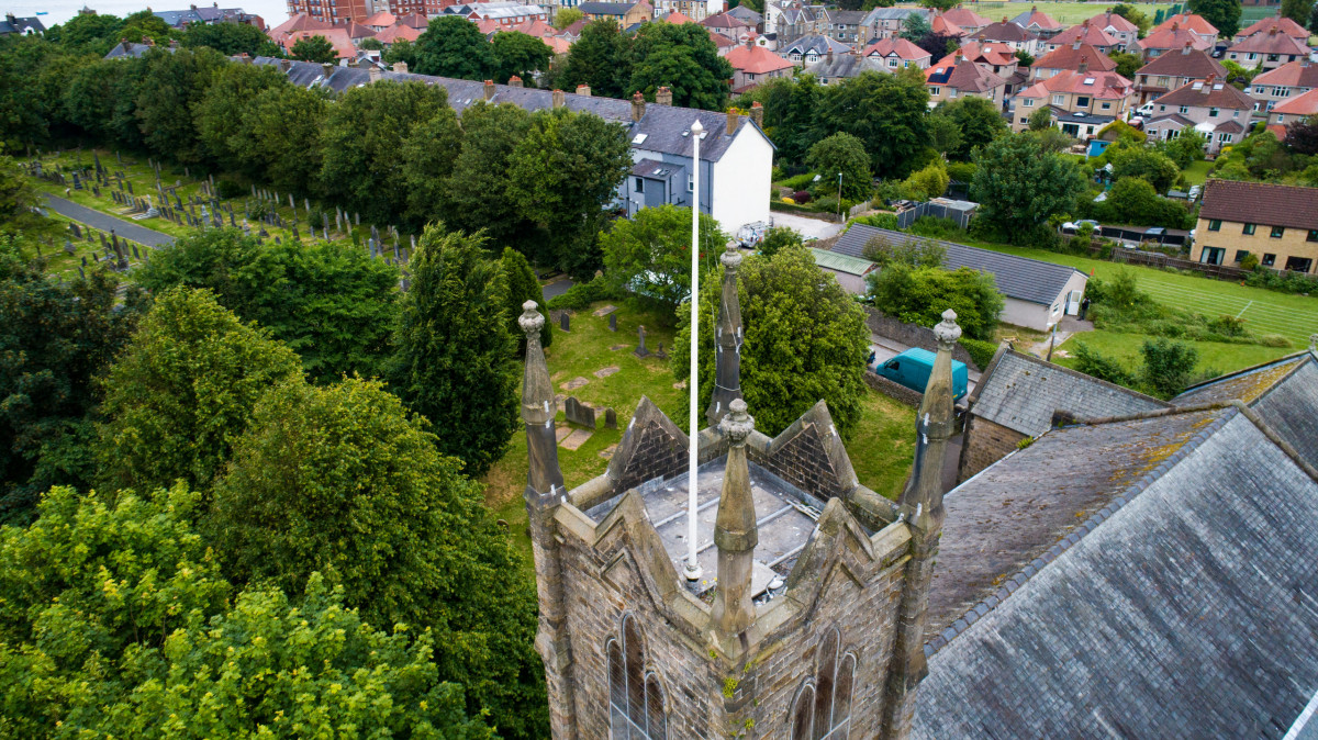 Drone survey image showing church tower and roof in Morecambe