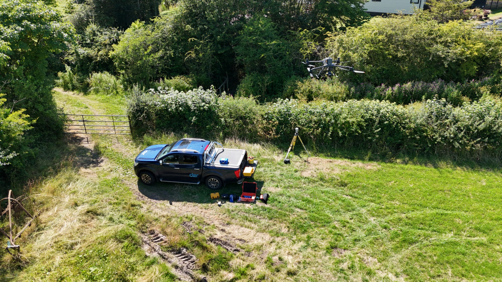 Drone carrying out a land survey on a farm near Poulton-le-Fylde